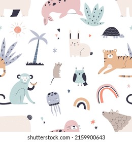 Cute animals pattern in Scandinavian style. Seamless background design with childish characters. Repeating Scandi print, nursery texture for fabric, wrapping, decoration. Flat vector illustration