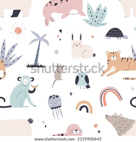 Cute animals pattern in Scandinavian style. Seamless background design with childish characters. Repeating Scandi print, nursery texture for fabric, wrapping, decoration. Flat vector illustration