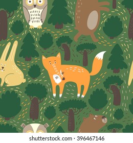 Cute animals pattern. Wild animals: bear, fox, rabbit and the owl. Forest elements: bushes, mushrooms, stumps. It can be used for printing on textiles, children's accessories.