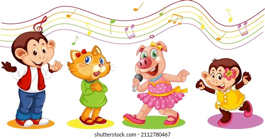 Cute animals performance singing with melody symbols illustration