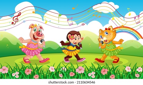 Cute animals performance singing at the park illustration