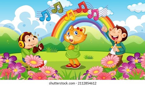 Cute animals performance singing at the park illustration