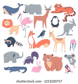 Cute animals and personages from woods and savannah. Isolated underwater fish, whale and crocodile. Tiger and deer, kangaroo and bear, koala and bird, skunk and rabbit, flamingo. Vector in flat style
