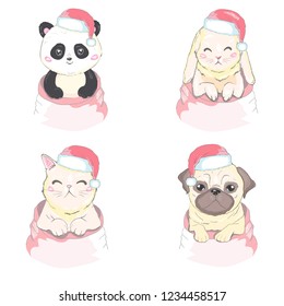 Cute animals. Pets face, dog cat and rabbit in Santa hat