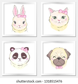 Cute animals. Pets face, dog cat and rabbit