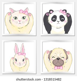 Cute animals. Pets face, dog cat and rabbit