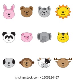 Cute animals, pig, tiger, lion, dog, Monkey, rabbit, bear, cat, panda, elephant, cow and deer.