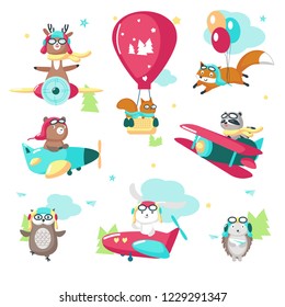 Cute animals in pilot hats and glasses. Vector illustration of raccoon fox squirrel bear deer hedgehog owl rabbit flying on airplane, hot air balloon, biplane, balloons isolated on white background.