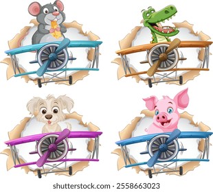 Cute animals piloting colorful vintage airplanes