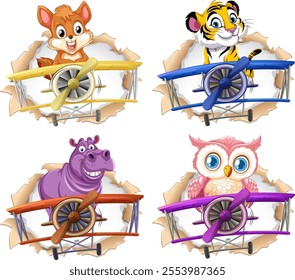 Cute animals piloting vibrant, cartoon airplanes