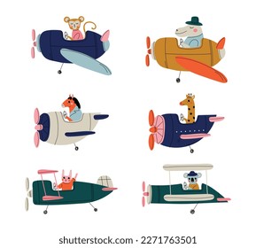 Cute animals pilots flying on airplanes set. Monkey, hippo, horse, giraffe, bunny, koala, piloting retro plane cartoon vector illustration