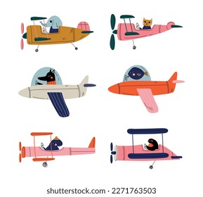 Cute animals pilots flying on airplanes set. Elephant, cat, dog, fish, octopus, bird, piloting retro plane cartoon vector illustration