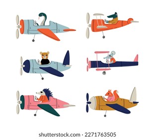 Cute animals pilots flying on airplanes set. Snake, crocodile, bear, mouse, hedgehog, squirrel piloting retro plane cartoon vector illustration