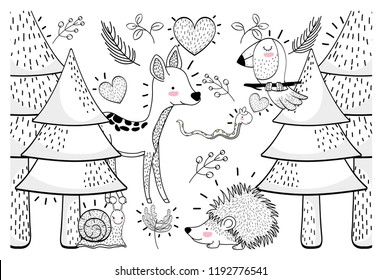 cute animals with pine trees and plants