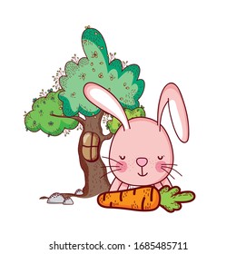 cute animals, pink rabbit with carrot tree grass cartoon vector illustration