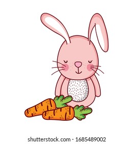 cute animals, pink rabbit with carrots cartoon isolated icon design vector illustration