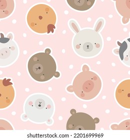 Cute animals pink seamless pattern, abstract hand drawn dot background with adorable farm animals vector illustration