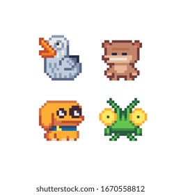 Cute animals pixel art icons set, mosaic design, duck, bear, frog, doggy, isolated vector flat style illustration. Design for stickers, logo, embroidery and mobile app. Video game assets 8-bit.