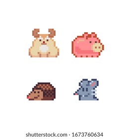 Cute animals pixel art icons set, mosaic design, pig pig, rabbit,  hedgehog, mouse, head, isolated vector flat style illustration. Design for stickers, logo, embroidery and app. Video game assets.