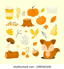 Cute animals and plan ts for autumn set Autumn set Cute hand drawn fall elements leave wreath pumpkin bouquet branch phrases Autumn clip art for web card poster cover tag invitation sticker