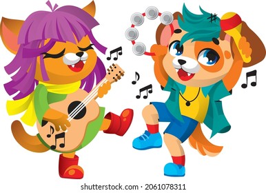 cute animals play musical instruments. cat with a guitar. dog with tambourine and maracas. songs and dances. childrens illustration