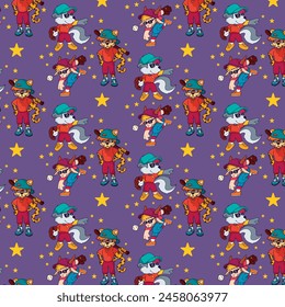 Cute Animals playing baseball seamless pattern for fabric, textile and print