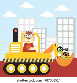 cute animals playing digger vector cartoon