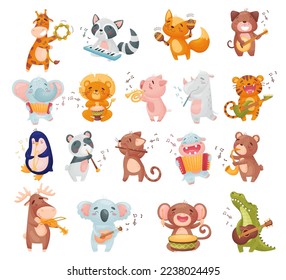 Cute Animals Playing Musical Instrument Performing Concert on Stage Vector Set