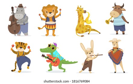 Cute animals playing musical instruments flat illustration set. Cartoon crocodile with guitar, giraffe with sax and lion with drum isolated vector collection. Music and mascots for kids concept