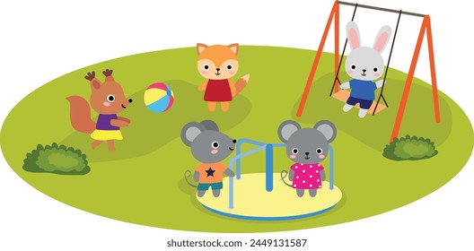 Lindos animales están jugando en el patio de recreo. Ilustración vectorial dibujada a mano en estilo plano