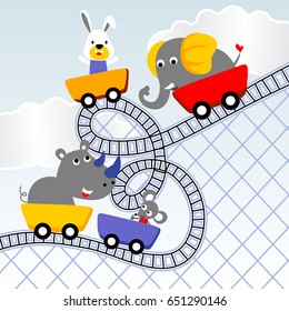 cute animals playing roller coaster, vector cartoon illustration