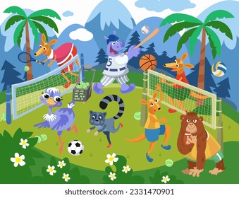 Cute animals playing sports. Balls, rackets, nets. Sports games on the playground. Vector cartoon scene. Funny animals in sports suits.