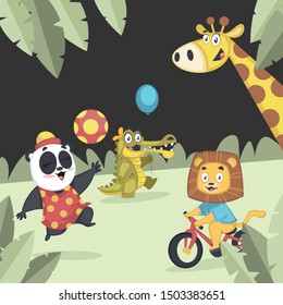 Cute Animals Playing Together In The Park. Vector Illustration Isolated On White Background