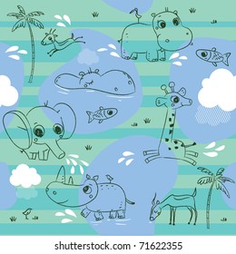 Cute animals playing with water, baby seamless pattern background
