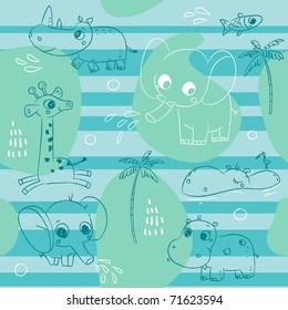 Cute animals playing with water, baby seamless pattern background