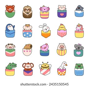 Cute animals in the pocket. Cartoon funny characters. Hand drawn style. Vector drawing. Collection of design elements.