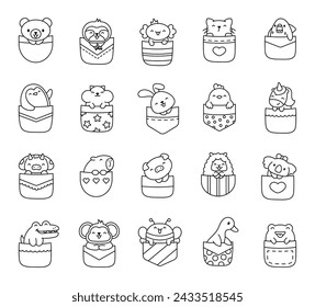 Cute animals in the pocket. Coloring Page. Cartoon funny characters. Hand drawn style. Vector drawing. Collection of design elements.