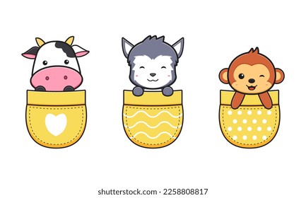 Cute animals in the pocket doodle cartoon icon illustration design flat cartoon style