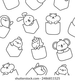 Cute animals in the pocket. Seamless pattern. Coloring Page. Cartoon funny characters. Hand drawn style. Vector drawing. Design ornaments.