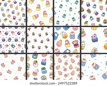 Cute animals in the pocket. Seamless pattern. Cartoon funny characters. Hand drawn style. Vector drawing. Collection of design ornaments.