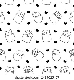 Cute animals in the pocket. Seamless pattern. Coloring Page. Cartoon funny characters. Hand drawn style. Vector drawing. Design ornaments.