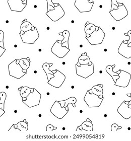 Cute animals in the pocket. Seamless pattern. Coloring Page. Cartoon funny characters. Hand drawn style. Vector drawing. Design ornaments.