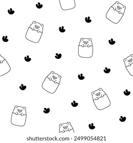 Cute animals in the pocket. Seamless pattern. Coloring Page. Cartoon funny characters. Hand drawn style. Vector drawing. Design ornaments.