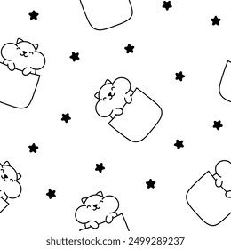 Cute animals in the pocket. Seamless pattern. Coloring Page. Cartoon funny characters. Hand drawn style. Vector drawing. Design ornaments.