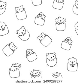 Cute animals in the pocket. Seamless pattern. Coloring Page. Cartoon funny characters. Hand drawn style. Vector drawing. Design ornaments.