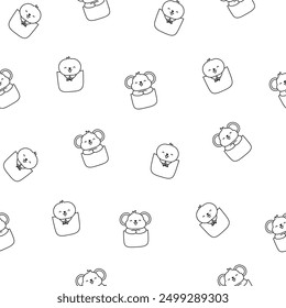 Cute animals in the pocket. Seamless pattern. Coloring Page. Cartoon funny characters. Hand drawn style. Vector drawing. Design ornaments.