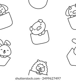 Cute animals in the pocket. Seamless pattern. Coloring Page. Cartoon funny characters. Hand drawn style. Vector drawing. Design ornaments.