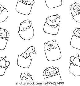 Cute animals in the pocket. Seamless pattern. Coloring Page. Cartoon funny characters. Hand drawn style. Vector drawing. Design ornaments.