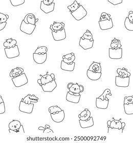 Cute animals in the pocket. Seamless pattern. Coloring Page. Cartoon funny characters. Hand drawn style. Vector drawing. Design ornaments.