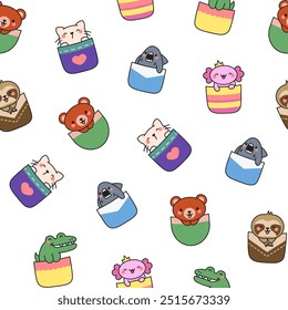Cute animals in the pocket. Seamless pattern. Cartoon funny characters. Hand drawn style. Vector drawing. Design ornaments.